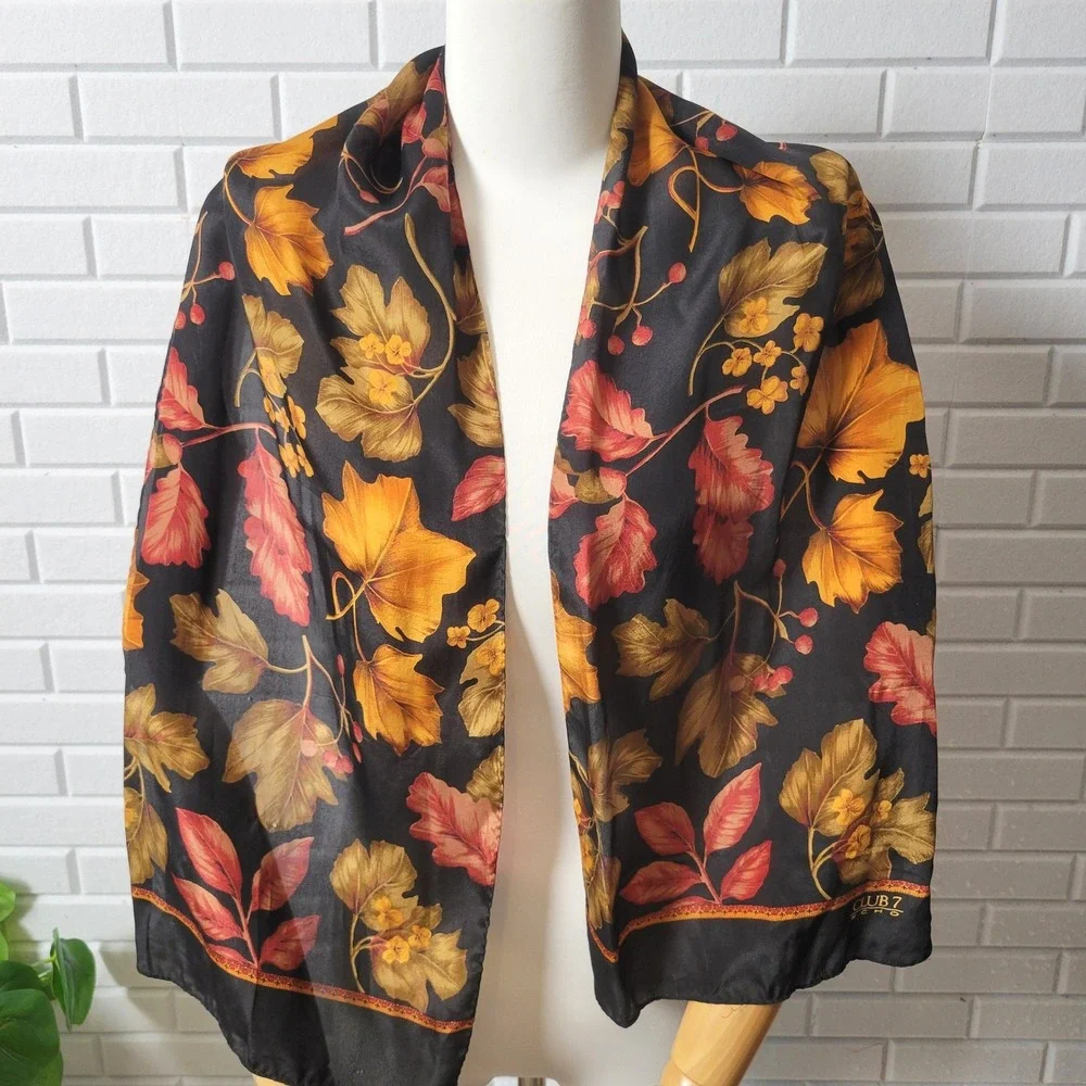 Vintage 1990s Club 7 by Echo Silk Scarf Black Autumn Leaves Botanical Classic